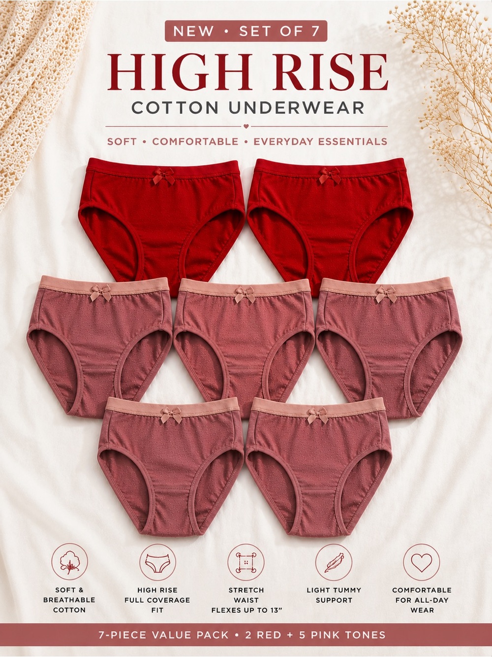 NEW 7-Pack Cotton High Rise Brief Panties XS/S NWT